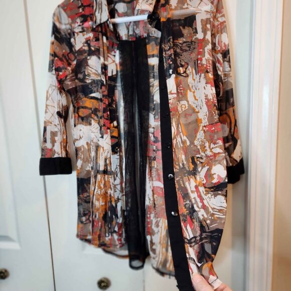 [M] Tango‎ Mango Buttoned Blouse Women's Medium semi-sheer chiffon autumn tones - Picture 3 of 9